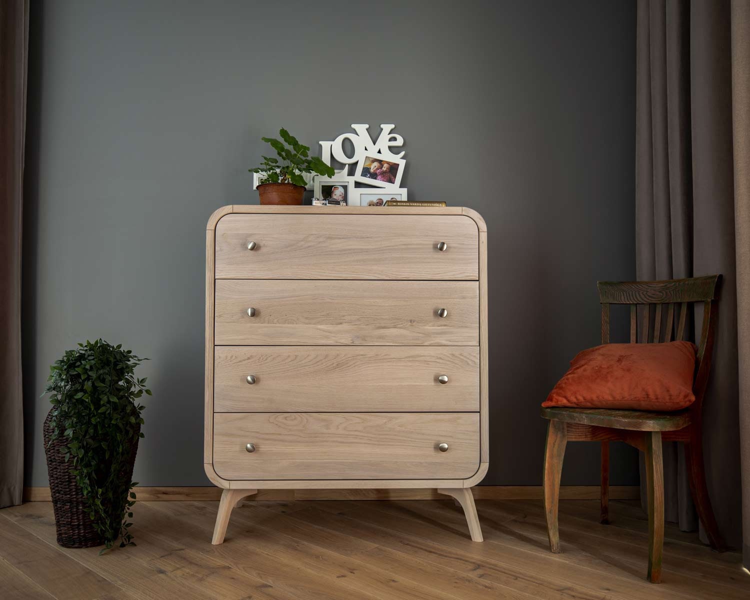 Coffre en Bois de Tiroirs Chêne Blanchi, Rangement Chambre Massif avec 4 Tiroirs, Commode Art Déco, 