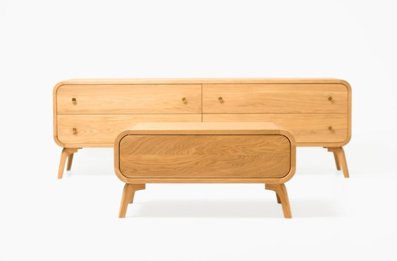 Wood Sideboard Tv Console With 4 Drawers Low Dresser Media Etsy