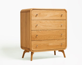 Bedroom Chest of Drawers, Wood Dresser, Solid Oak Bedroom Storage with 4 drawers, Mid Century Solid Wood Bedroom Dresser Furniture