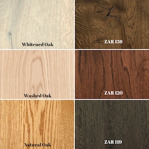 May include: A comparison of four different wood stain colors on oak wood. The colors are: Whited Oak, Washed Oak, Natural Oak, and ZAR 136. The stain colors are labeled with their names and ZAR numbers.
