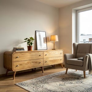 Solid wood Sideboard, TV Console table with 4 drawers, Media Console, Low Dresser Modern vinyl record storage Handmade Custom Furniture image 4