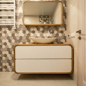 Bathroom Vanity, Basin Unit, Bathroom cabinet, Vanity Basin Unit, Wash Stand, Bathroom Furniture in oak with 2 push to open drawers in Wood
