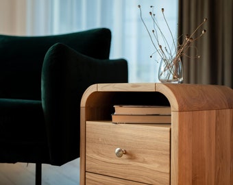 Table de chevet en bois en chêne naturel, Table de chevet avec tiroirs à fermeture douce, Table de chevet Art déco, Rangement de chambre à coucher, Table console, Table d'extrémité