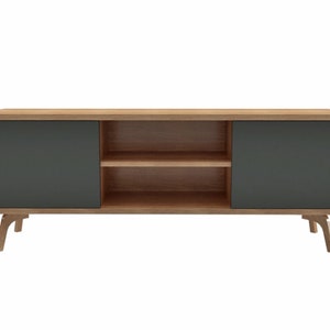 Wood Sideboard, TV Unit, Console with black fronts and shelf, TV Stand with drawers and compartments, vinyl record storage, Media Console