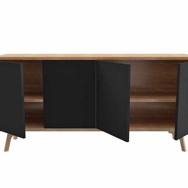 High Sideboard with black fronts, High TV Unit, Record Storage with compartments, TV console, TV Stand, vinyl record storage, Media Console