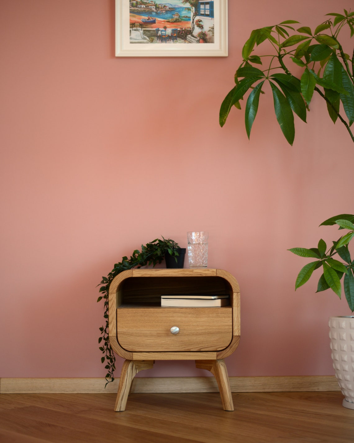 Wood Bedside Table With Shelf and Drawer Solid Oak Etsy