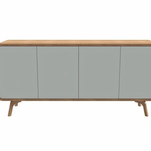 May include: A light gray sideboard with three doors and rounded edges. The sideboard has a wood top and legs.