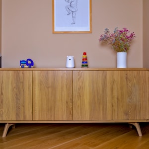 High Sideboard, wood TV unit with two compartments, TV Stand, vinyl record storage, High Dresser, File Credenza, Art deco Media Console