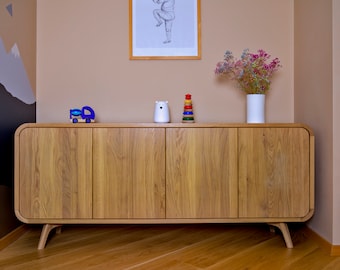 Credenza alta, mobile TV in legno con due scomparti, supporto TV, contenitore per dischi in vinile, cassettiera alta, credenza per documenti, console multimediale Art Déco