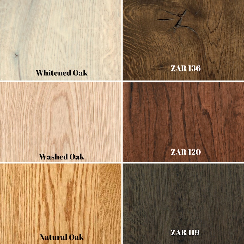 May include: A comparison of four different wood stain colors on oak wood. The colors are: Whited Oak, Washed Oak, Natural Oak, and ZAR 136. The stain colors are labeled with their names and ZAR numbers.