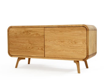 Holz Schallplatten Aufbewahrung mit Türen, Sideboard, Eiche Konsole, TV-Ständer, Niedrige Kommode, Credenza Media Konsole Art Deco