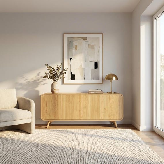 Solid Oak Wood Sideboard, Art Deco Media Console, Vinyl Record