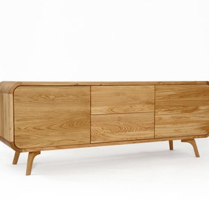 Wood Sideboard with two push to open drawers and compartments, TV Stand, vinyl record storage, Low Dresser, File Credenza Media Console