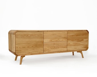 Wood Sideboard with two push to open drawers and compartments, TV Stand, vinyl record storage, Low Dresser, File Credenza Media Console
