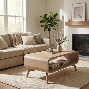 Art deco Coffee Table with a shelf in Whitened oak, Low Solid Oak Coffee Table, wood coffee table, Sofa table Custom Handmade Oak, In Stock image 4