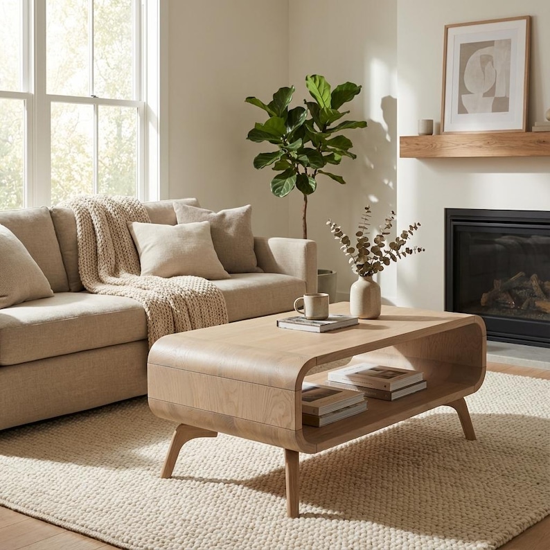 Art deco Coffee Table with a shelf in Whitened oak, Low Solid Oak Coffee Table, wood coffee table, Sofa table Custom Handmade Oak, In Stock image 4