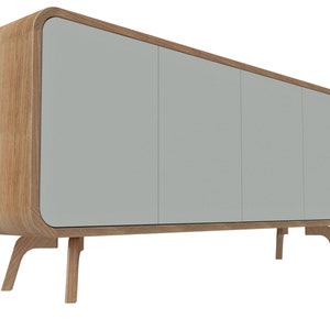 May include: A light gray cabinet with three doors and rounded edges. The cabinet is made of wood and has four legs.