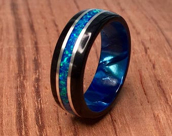 Black Wood with Crushed Blue Opal, Sterling Silver banding, Light Blue Epoxy Core Bentwood Ring, mens wedding ring, womans wedding ring