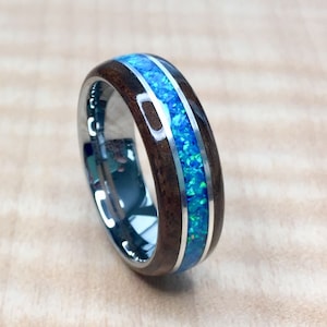 Walnut Burl with crushed Blue Opal and Sterling Silver on a Tungsten Core Bentwood Ring, mens wedding ring, womans wedding ring image 1