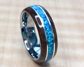Walnut Burl with crushed Blue Opal and Sterling Silver on a Tungsten Core Bentwood Ring, mens wedding ring, womans wedding ring
