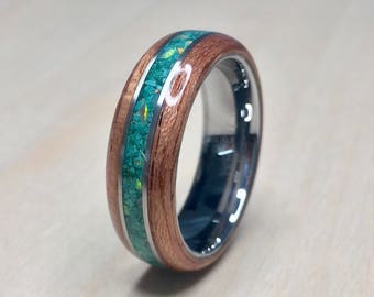 Bubinga with crushed Malachite and White Opal and Stainless Steel on a Tungsten Core Bentwood Ring, mens wedding ring, womans wedding ring