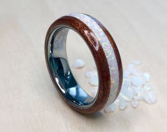 Quarter Sawn Sapele with Crushed White Opal and Tungsten Core Bentwood Ring, mens wedding ring, womans wedding ring