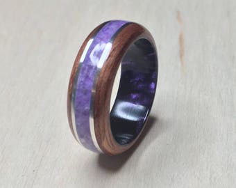 Bubinga with Amethyst and Sterling Silver banding on a Purple Epoxy Core Bentwood Ring, mens wedding ring, womans wedding ring