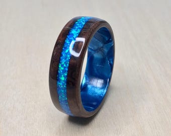 Walnut Burl with Crushed Blue Opal on a Light Blue Epoxy Core Bentwood Ring, mens wedding ring, womans wedding ring