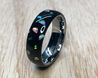 Galaxy Cluster, White Opal powder and chunks in black resin on a Tungsten core Ring