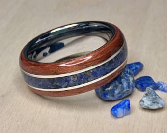 Bubinga with crushed Lapis Lazuli and Sterling Silver on a Tungsten Core Bentwood Ring