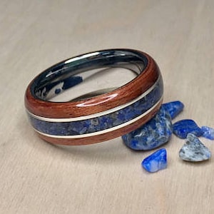 Bubinga with crushed Lapis Lazuli and Sterling Silver on a Tungsten Core Bentwood Ring image 1