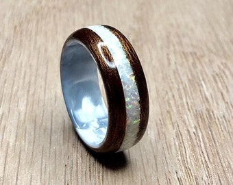 Quarter Sawn Sapele and White Opal Inlay with White Pearlescent Epoxy Core Bentwood Ring, mens wedding ring, womans wedding ring