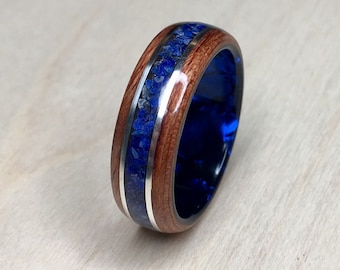 Bubinga with Lapis lazuli and Sterling Silver banding on a Blue Epoxy Core Bentwood Ring, mens wedding ring, womans wedding ring