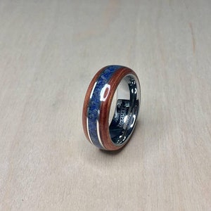 Bubinga with crushed Lapis Lazuli and Sterling Silver on a Tungsten Core Bentwood Ring image 2