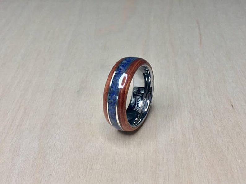 Bubinga with crushed Lapis Lazuli and Sterling Silver on a Tungsten Core Bentwood Ring image 2