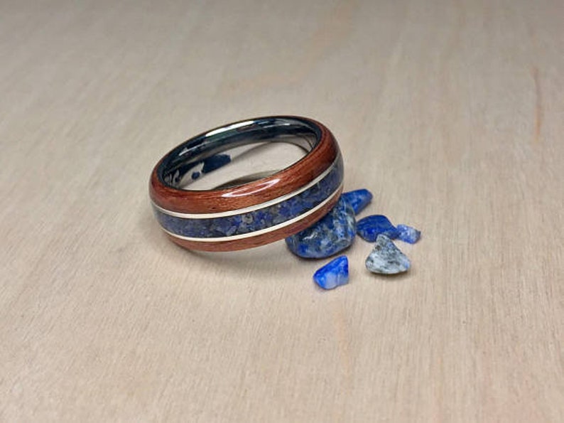 Bubinga with crushed Lapis Lazuli and Sterling Silver on a Tungsten Core Bentwood Ring image 1