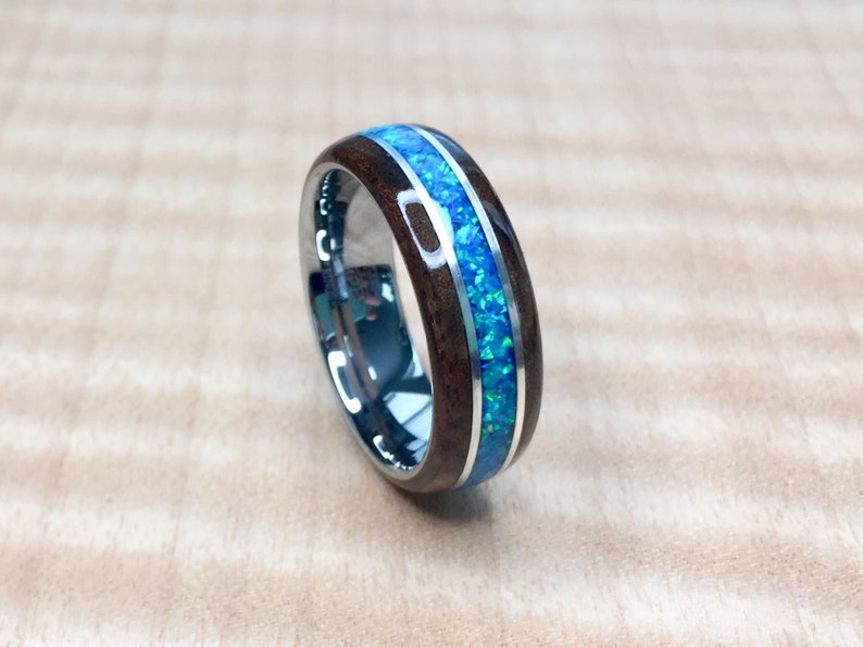 Walnut Burl with crushed Blue Opal and Sterling Silver on a Tungsten Core Bentwood Ring, mens wedding ring, womans wedding ring image 1