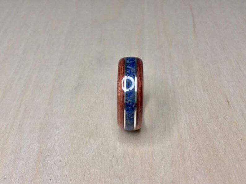 Bubinga with crushed Lapis Lazuli and Sterling Silver on a Tungsten Core Bentwood Ring image 3