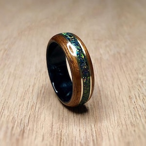 Mahogany with crushed Cold Black Fire Opal and Brass banding on a Black Epoxy Core Bentwood Ring, mens wedding ring, womans wedding ring