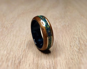Mahogany with crushed Cold Black Fire Opal and Brass banding on a Black Epoxy Core Bentwood Ring, mens wedding ring, womans wedding ring