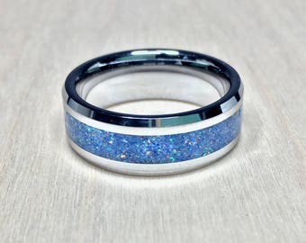 Tungsten band with Crushed White Opal, Lapis, and Pyrite Ring 8mm, mens wedding ring, womans wedding ring