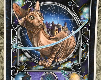 May include: A digital illustration of a hairless cat with a city built on its back. The cat is surrounded by a blue ring and stars. The background is a dark blue with purple and gold accents.