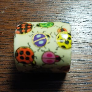 May include: A white cylindrical container with a colorful ladybug design. The container has a variety of ladybugs in different colors, including red, yellow, green, purple, and pink.