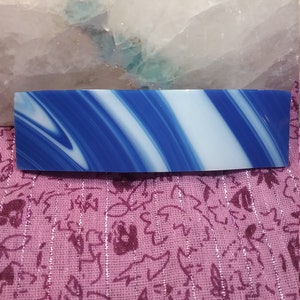 3.5 inch Cobalt Blue and White Stained Glass Rectangular Barrette with French style clip