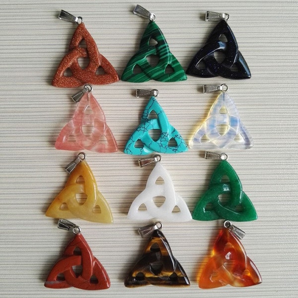 4 Natural Stone Celtic Trinity Knot Pendants with Silver Bail Random Mix