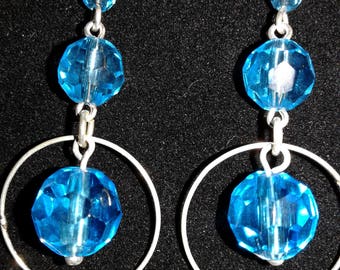 Blue Crystal Bead Earrings with Sterling Silver Hoops on silver wires