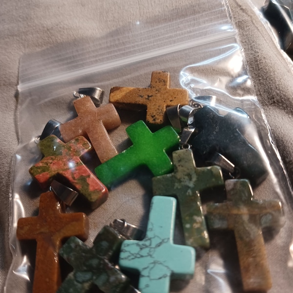 10 Gemstone Cross Pendants Silver Bail Natural Stone Pendants Gemstone Pendants Stone Cross Necklace DIY Jewelry Supplies Random Mix Colors