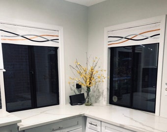 Mandarine Weiß Schwarz Silber Modern Minimalist Volant Vorhang, Zeitgenössisch Schwarz Weiß Orange Fenster Volant, Minimalist Küche Volant.