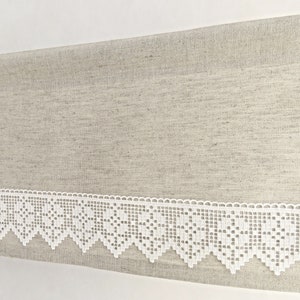 County Valance- Modern Rustic French Country Cafe Window Toppers, Farmhouse Cottage Style Beige Linen Curtain Valance with Lace. Custom made
