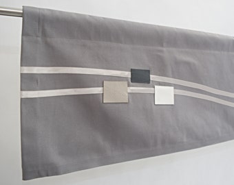 Modern Grey Geometric Valance with Off White Black Beige Design, Modernist Cotton Rod Pocket Valence, Custom Made White Gray Valance.